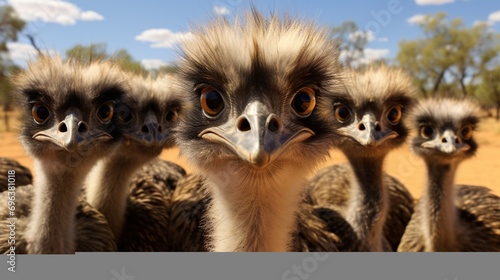 a picture of a group of emus, showcasing their social behavior and natural habitat, set against a pristine white backdrop for a visually pleasing contrast. © muhammad