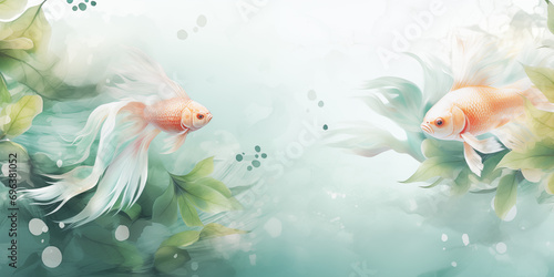 Luxury oriental style background banner. Chinese and Japanese oriental pastel watercolour. Wallpaper design with sea weed and red koi carp fish. Pale pastel teal. Ocean and wave wall art.  photo