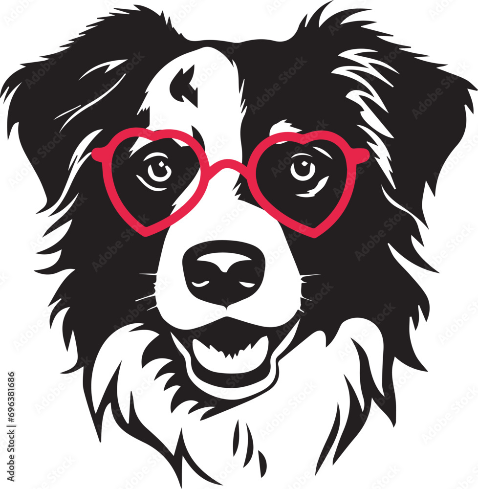 illustration of Australian Shepherd dog with heart-shaped glasses