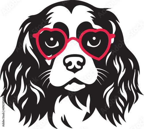 illustration of Cavalier King Charles Spaniel dog with red heart-shaped glasses