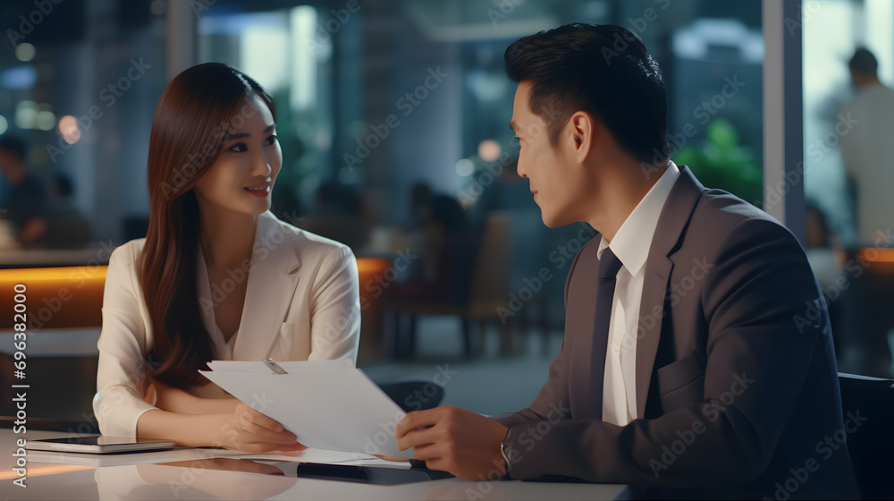 Asian businessman and secretary having a discussion meeting in a conference room, comfortable atmosphere. Asian businessman and secretary having a discussion meeting in a conference room, comfortable atmosphere.