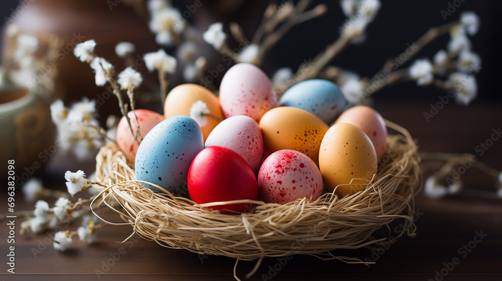 Easter eggs in a nest against a festive background. Easter holiday concept. Christ is risen! Easter eggs on a rustic table with willow branches. Place for text. Copy space.