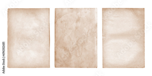 Antique old paper sheets. Faded vintage parchment set, isolated on transparent background	