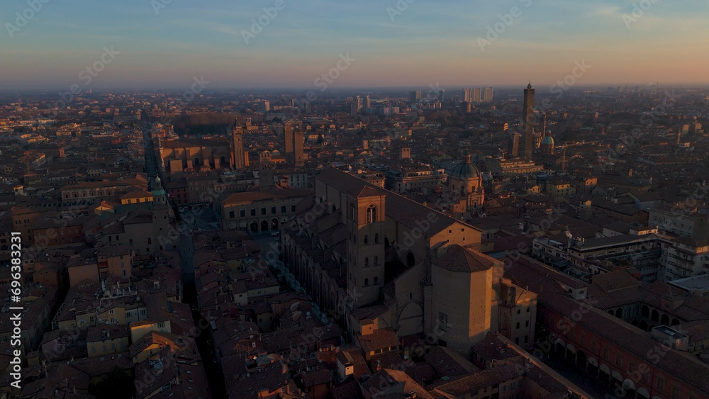 historical sites of bologna with sunrise light in december skyline aerial view two towers maggiore square san petrino basilica