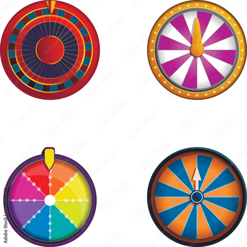 Lottery icons set cartoon vector. Fortune wheel. Raffle concept Lottery icons set cartoon vector. Fortune wheel. Raffle concept