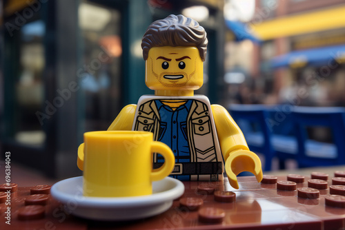 Generative AI portrait of funny lego man sitting dreamy in aroma cafeteria enjoying morning coffee