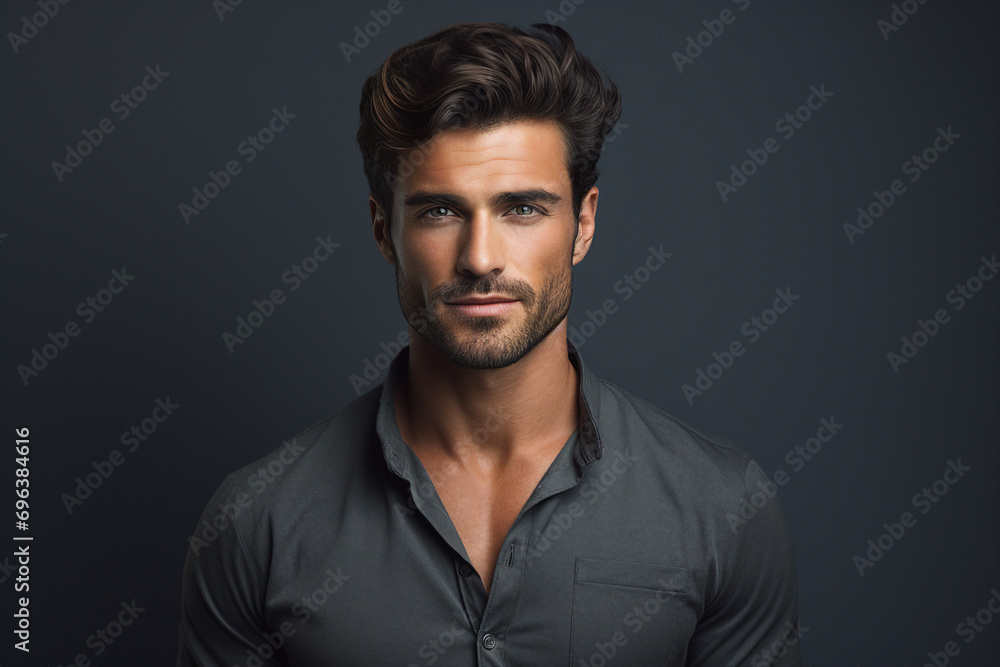 Fototapeta premium Generative AI portrait of young attractive hot model fashion appearance isolated on dark grey background