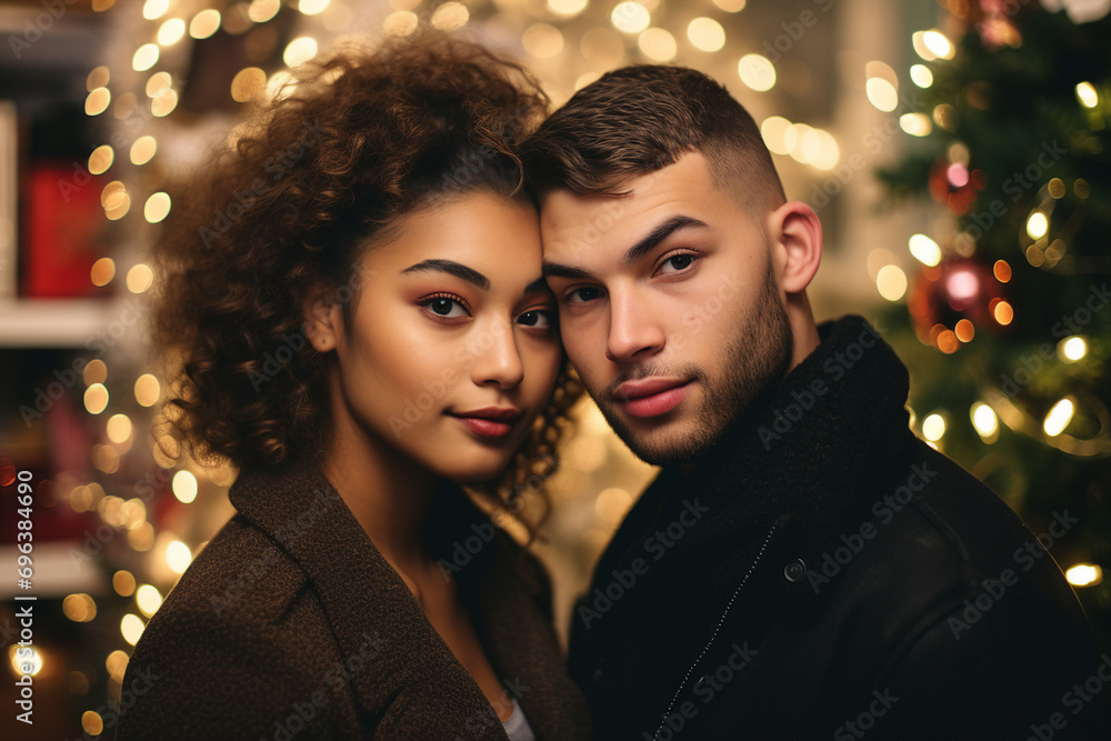 Portrait of gentle beautiful two people elegant couple in library at New Year party generative AI