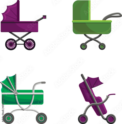 Baby pram icons set cartoon vector. Colorful baby carriage. Child transportation device