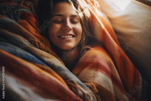 AI generated photography image of satisfied happy person enjoy wrapped in a warm blanket photo