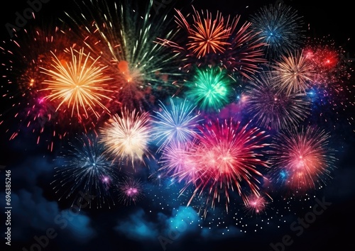 multiple colors fireworks, isolated on black night sky background