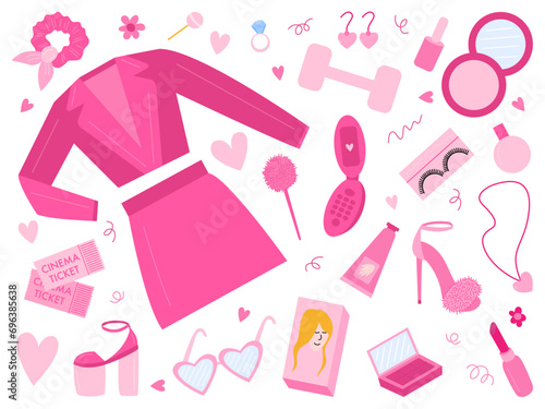 Barbiecore set vector. Pink trendy elements flat style vector set