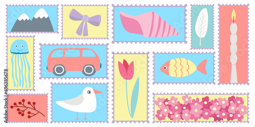 Postal stamps set. Vector set of trendy postage stamps stickers with animals, fish, flowers and decor