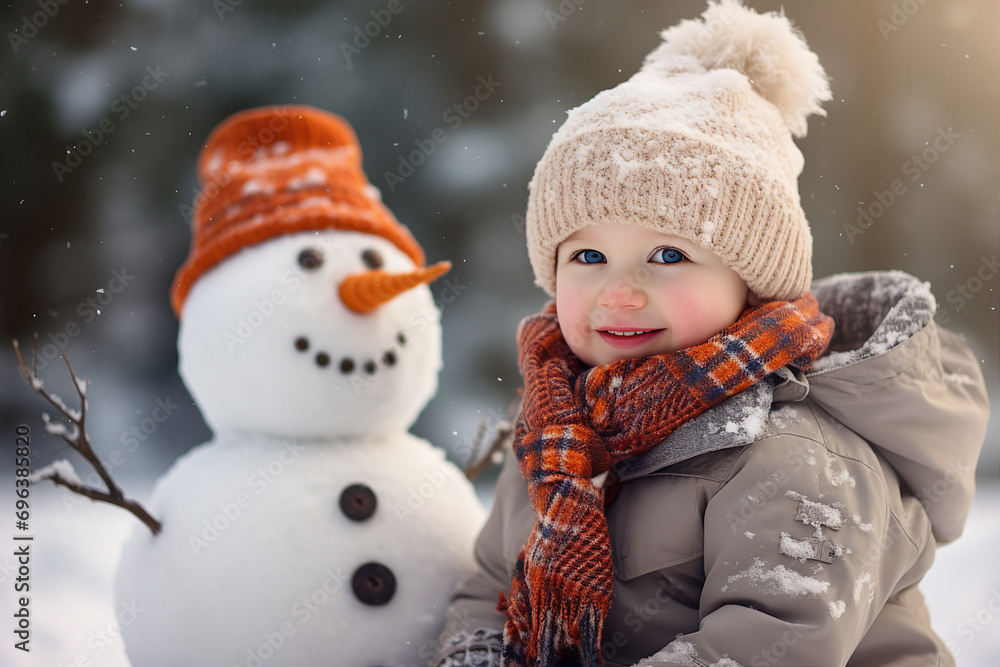 Happy children family making funny snowman outdoors spend weekend leisure outside Generative AI