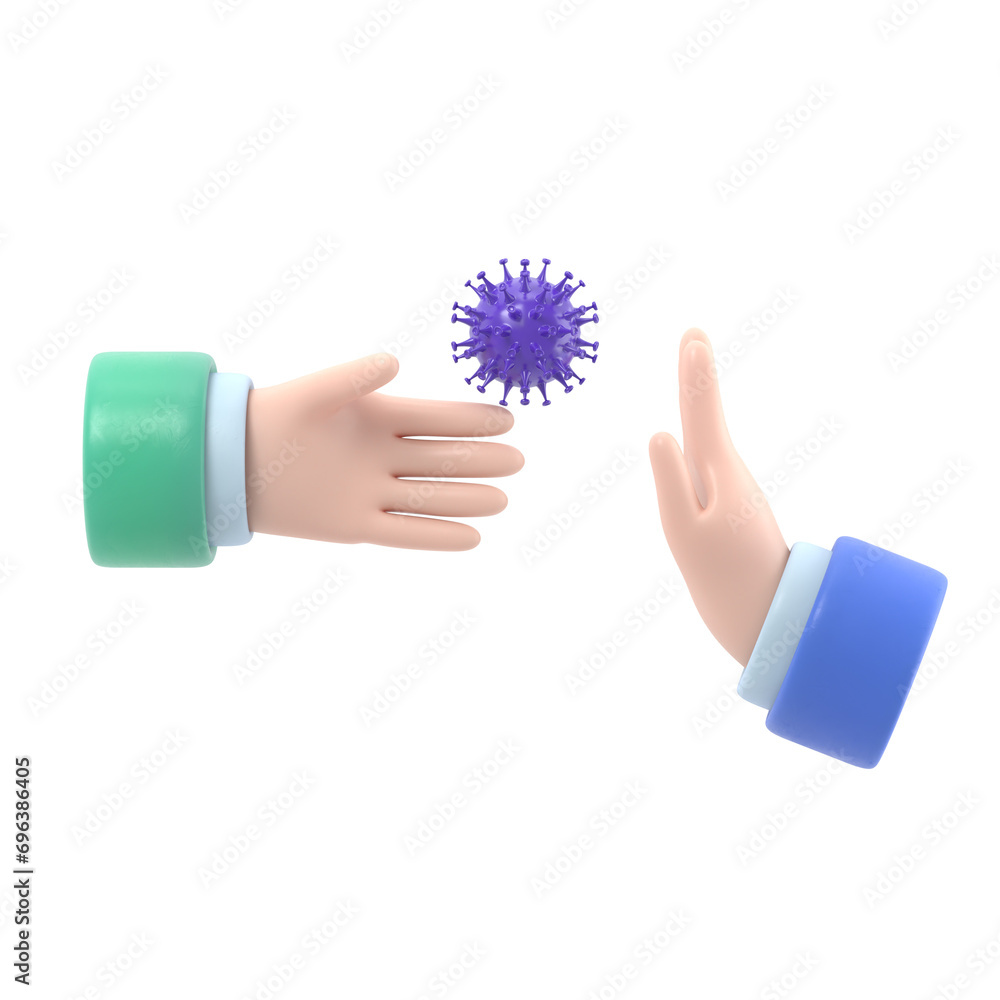 Bacteria on hand. Coronavirus transmitted through a handshake. Gesture No physical contact. 3d