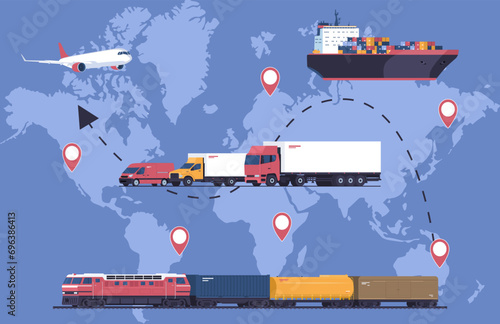 Concept illustration of multimodal transportation around the world. World map and different types of transport vehicles. Vector illustration.