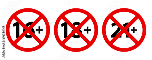 Set of cross icons of age restrictions illustration. Films, TV series, cartoons, cinema, genre, viewing, ban, border. Vector icons for business and advertising