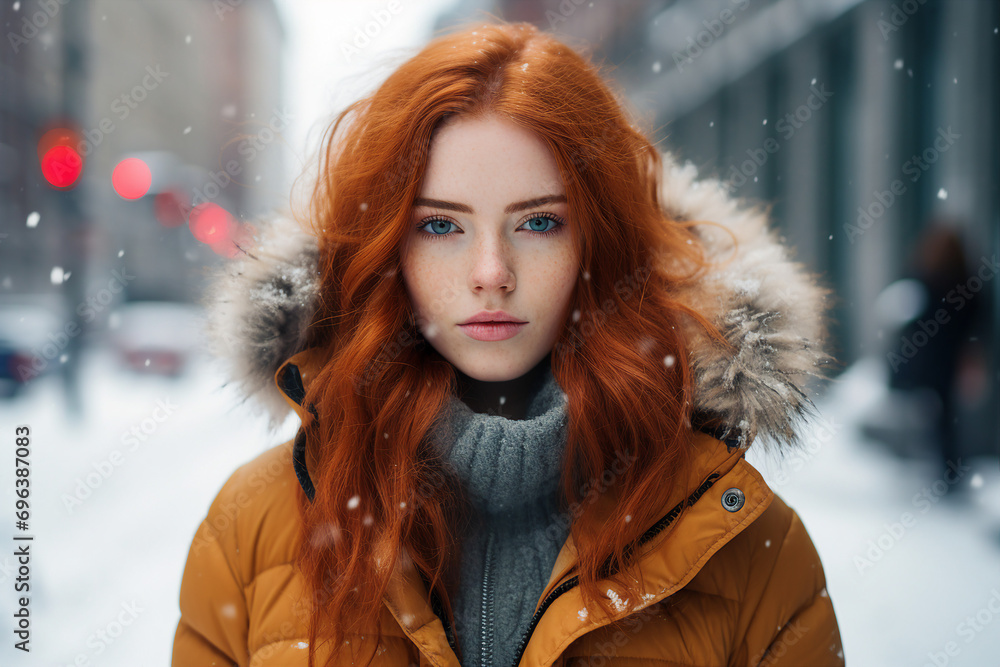 Generative ai picture of adorable girl walking at evening in the street cafe lights on background Generative ai picture of adorable girl walking at evening in the street cafe lights on background