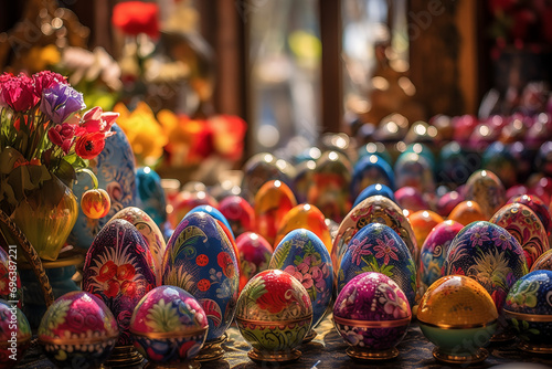A vintage-style Easter egg market with stalls selling.