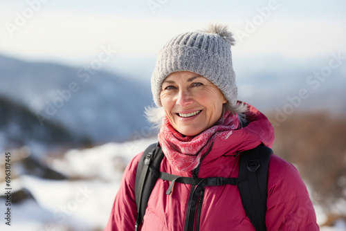 Portrait of professional climber with backpack standing on high snowy mountains on winter day generative AI © Tetiana