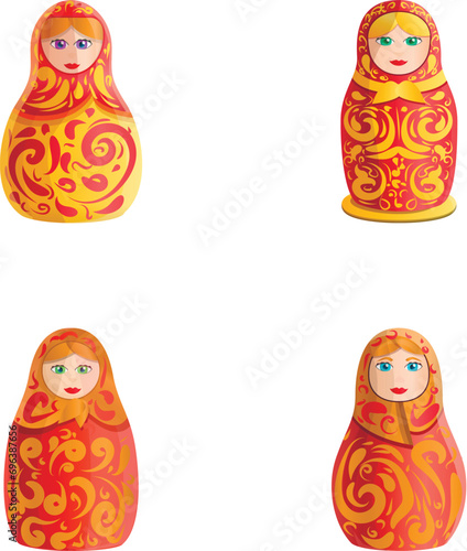 Matryoshka icons set cartoon vector. Russian doll. Traditional wooden toy, souvenir
