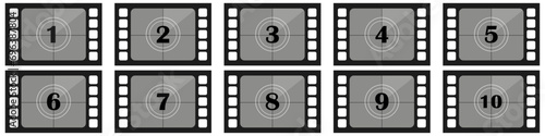 Set of movie frames from 1 to 10 illustration. Film, footage, filming, preparation, editing, film, cinema, director. Vector icons for business and advertising
