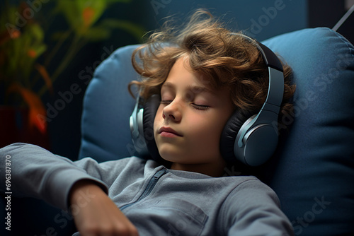 AI generated picture of relaxed man in headphones listening to music audio song relaxing in apartment.