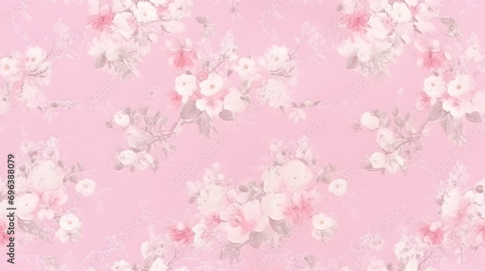 A soft pink seamless floral pattern with delicate blooms and leaves creates a romantic and whimsical wallpaper or textile design.