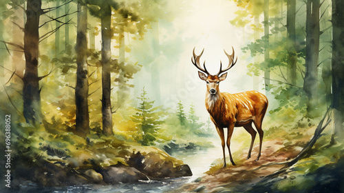 Watercolor deer background picture, picture used for decoration. photo