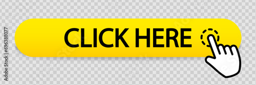 Yellow button click here on transparent background illustration. Pointer, click, mouse, social networks. Vector icons for business and advertising