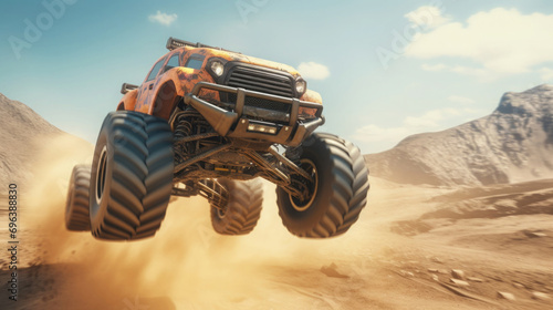 monster truck jumping with big wheels on the sand in the desert photo