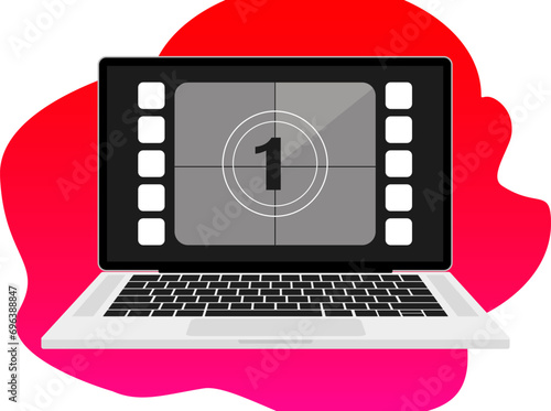 Laptop with frame counts with number 1 on red background illustration. Film, footage, filming, preparation, editing, film, cinema, director. Vector icons for business and advertising
