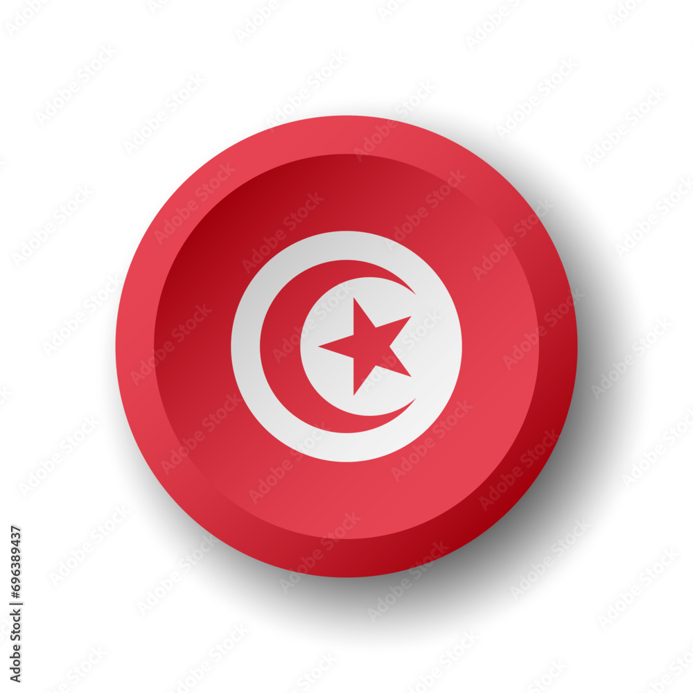 Tunisia flag - 3D circle button with dropped shadow. Vector icon.