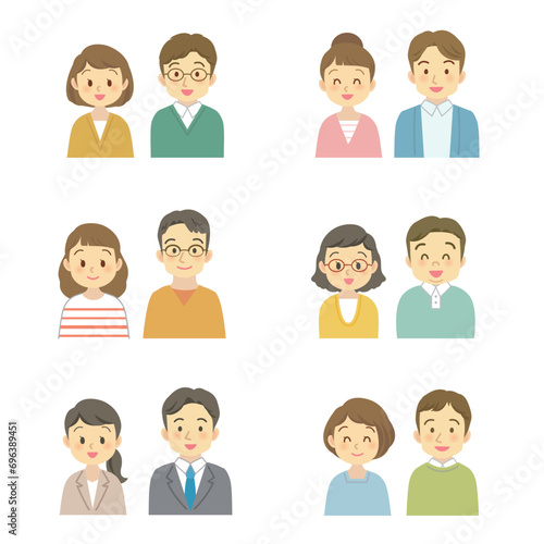 ポジティブ：イラスト素材セット：笑顔で仲良く正面を向いた若い男女夫婦、パートナー（バストアップ/主線なし）
