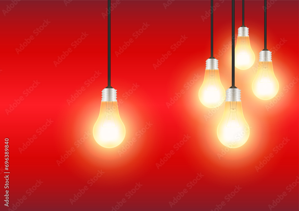 Light Bulbs with Glowing Lamps on Red Background. Decorative Light Bulbs for Christmas Background. Vector Illustration. Light Bulbs with Glowing Lamps on Red Background. Decorative Light Bulbs for Christmas Background. Vector Illustration.