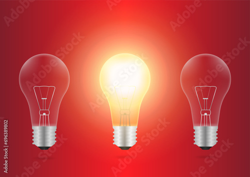 Light Bulbs with Glowing Lamps on Red Background. Decorative Light Bulbs for Christmas Background. Vector Illustration. 