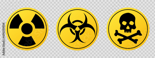 Set of chemical threat on transparent background illustration. Irradiation, danger, radiation, disease, infection, nuclear power plant, mutation, x-ray. Vector icons for business and advertising