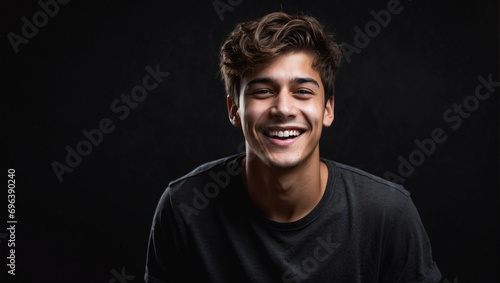 a young man is feeling very cheerful isolated on black background