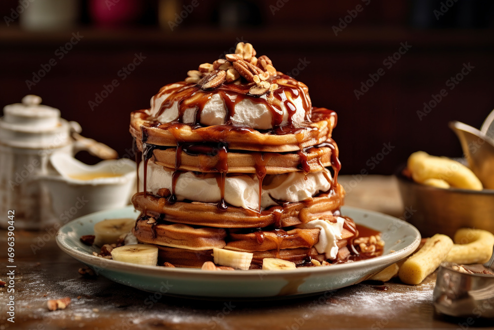 A tower of waffles featuring bananas, nuts, and ice cream. (Generative AI)