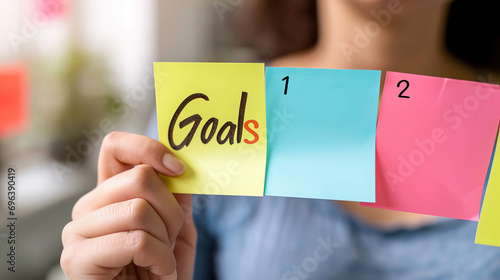 Goal concept, target to success, goal word written on sticky note