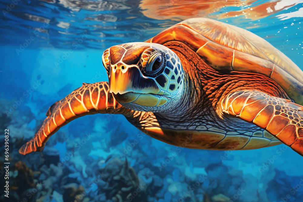 Fototapeta premium Image of a sea turtle swimming in the sea.