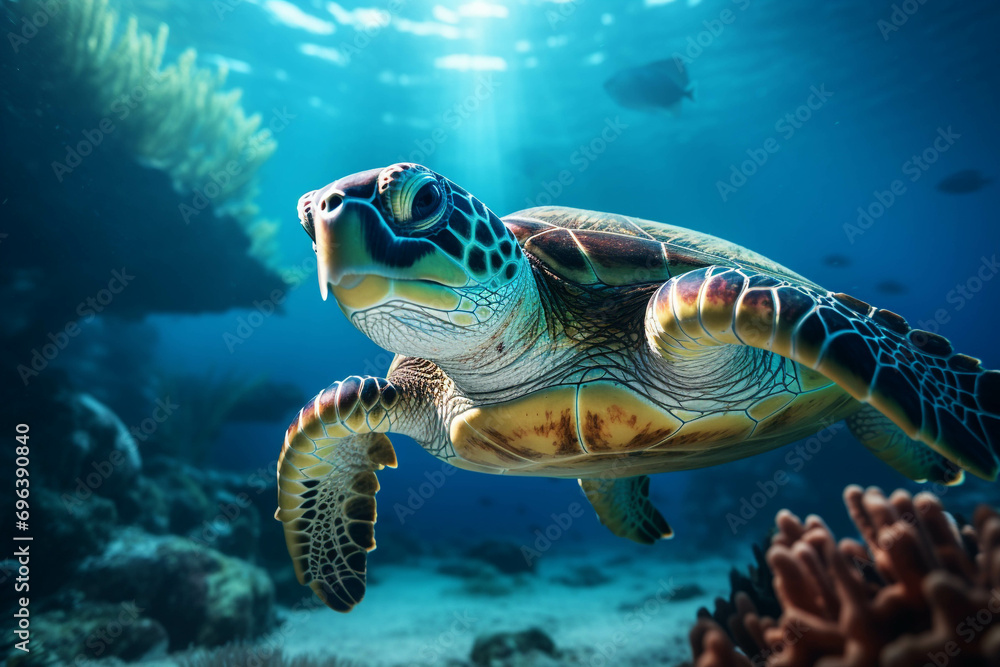 Fototapeta premium Image of a sea turtle swimming in the sea.