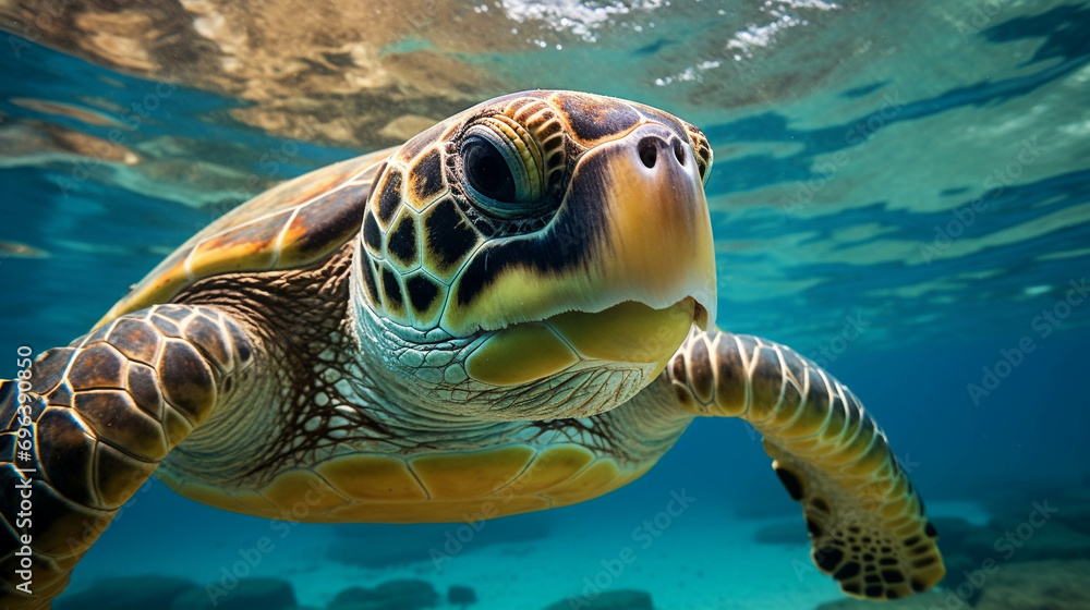 Fototapeta premium Image of a sea turtle swimming in the sea.