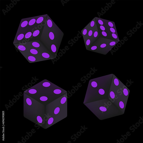 Set of realistic dice with purple dots illustration. Casino, excitement, gambling, cards, luck, win, bet. Vector icons for business and advertising