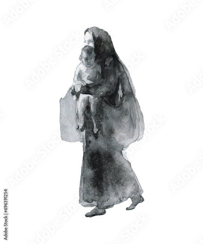Painting arabian woman with baby. Watercolor silhouettes of mother and child. Hand drawn illustration isolated on white background