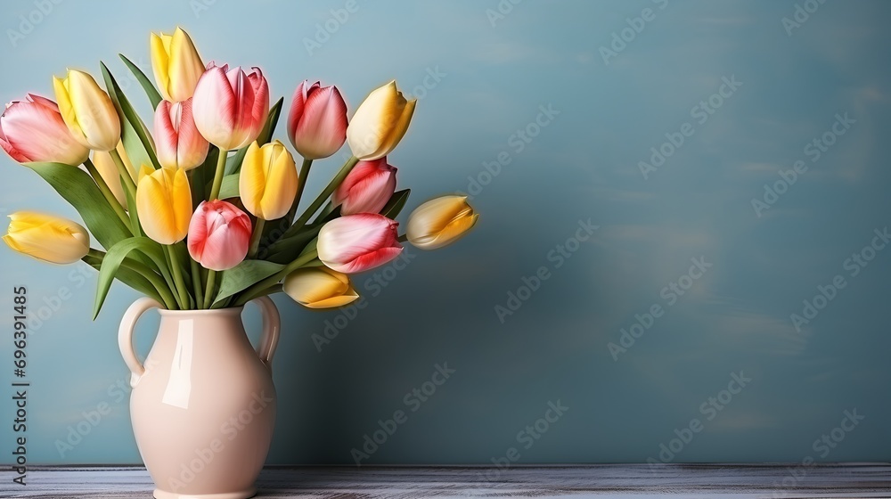 Vibrant yellow and pink tulips in a ceramic vase on a blue background - obrazy, fototapety, plakaty 