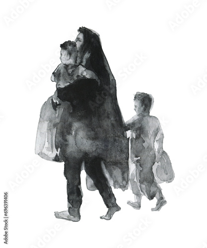 Painting family, arabian woman, girl and boy. Refugees concept. Watercolor silhouettes of mother and children. Hand drawn illustration isolated on white background