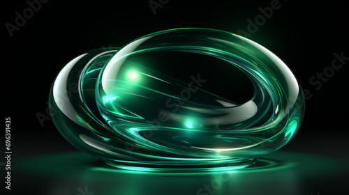 3d blown glass pattern. Desktop pattern. Abstract background. Green glow. Circular shapes and tubes. 