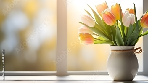 A vase of multicolored tulips basks in the sunlight beside a window, signaling the arrival of spring, mother's day concept