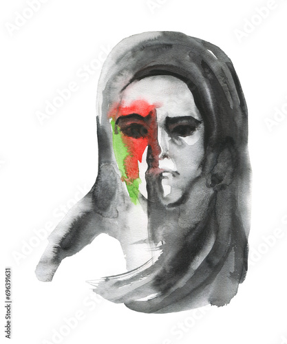 Painting portraiy of woman with Palestinian flag. Refugees concept. Watercolor silhouette of ypung muslim lady. Hand drawn illustration isolated on white background